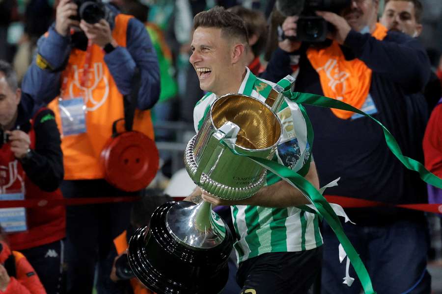 Real Betis' Joaquin celebrates with the trophy after winning the Copa del Rey in 2022