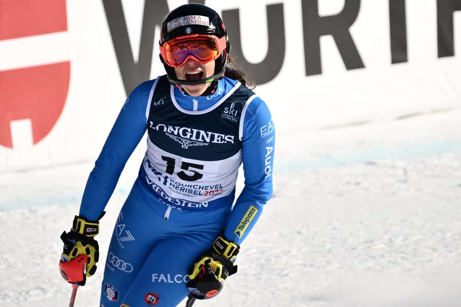 Federica Brignone reacts after competing in the Women's Alpine Combined Slalom event of the FIS Alpine Ski World Championship