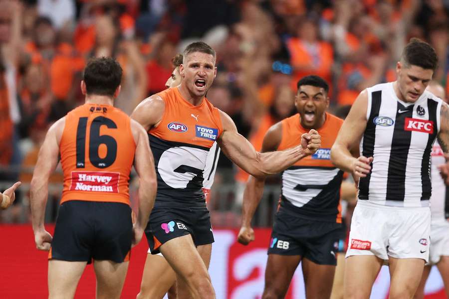 Jesse Hogan celebrating a goal against Collingwood in 2024. Jesse Hogan celebrating a goal against Collingwood in 2024.