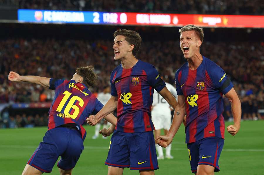 Barcelona's Ferran Torres celebrates scoring their second goal Barcelona's Ferran Torres celebrates scoring their second goal