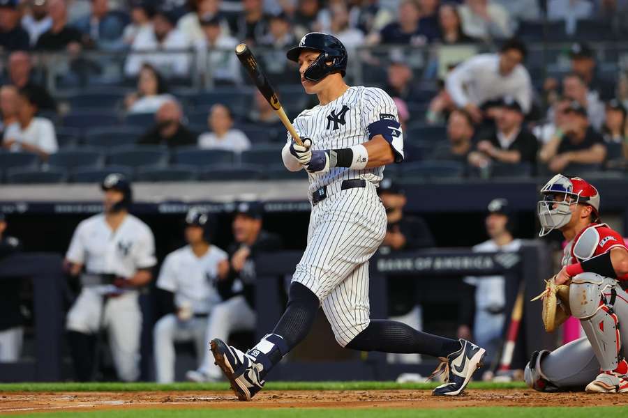 Aaron Judge hitting a home run against the Angels