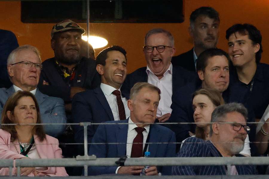 PNG Prime Ministers James Marape photographed at the 2025 NRL Grand Final with Anthony Albanese, Peter Beattie and David Crisafulli. 