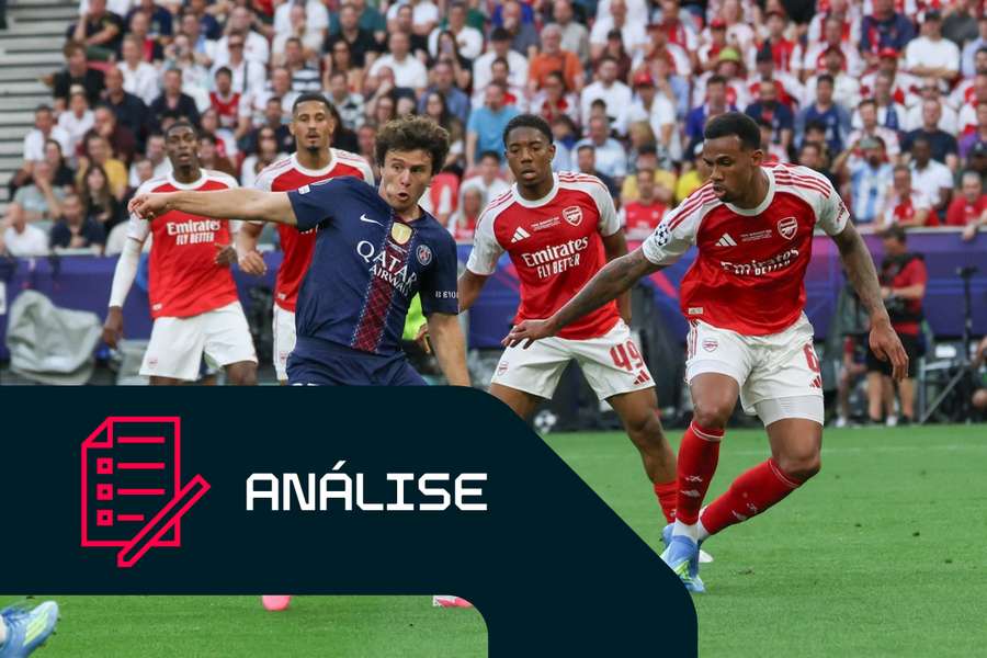 Joao Neves, do PSG, resiste à pressão de Gabriel, central do Arsenal Joao Neves, do PSG, resiste à pressão de Gabriel, central do Arsenal