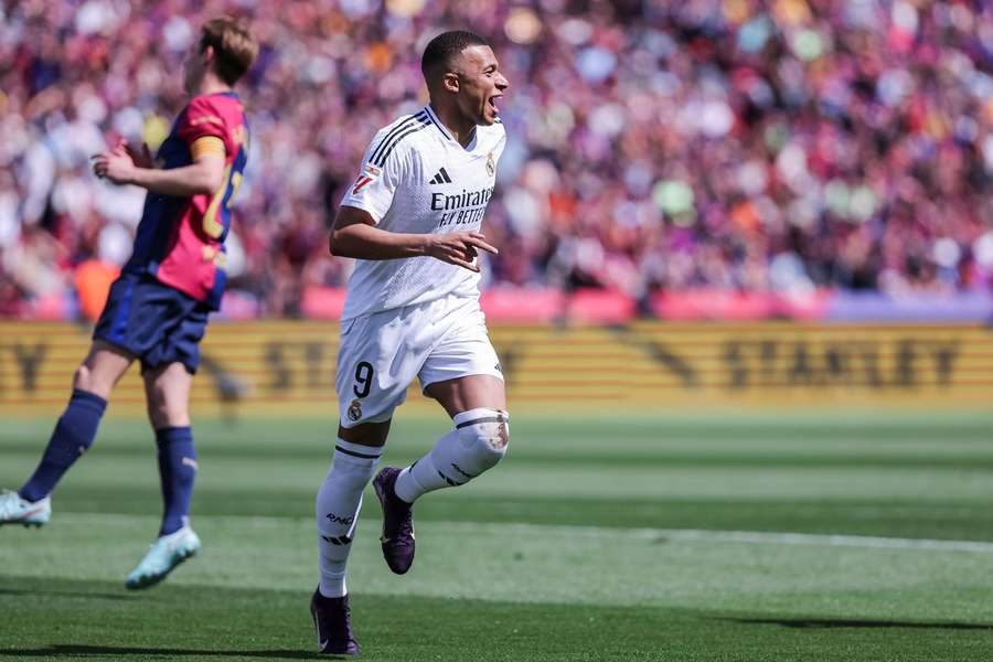 Real Madrid's Kylian Mbappe celebrates a goal against Barcelona Real Madrid's Kylian Mbappe celebrates a goal against Barcelona