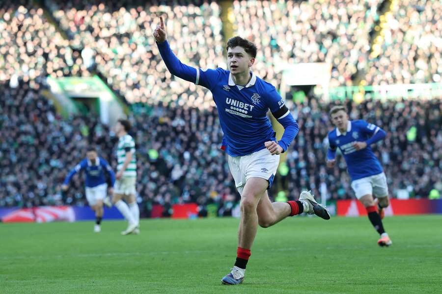 Mikey Moore celebrates after scoring against Celtic