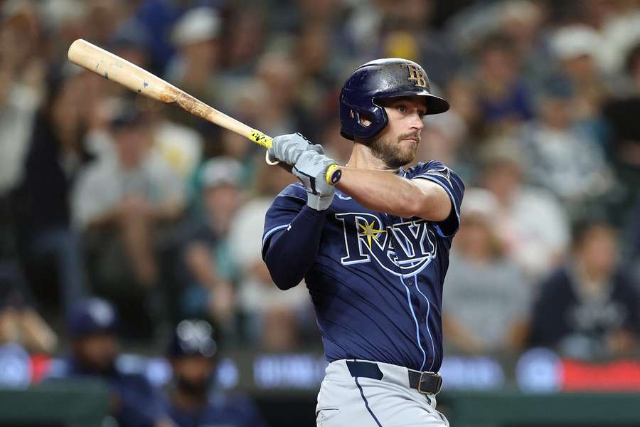 Tampa Bay Rays' Brandon Lowe hits the ball during an at-bat (2025)