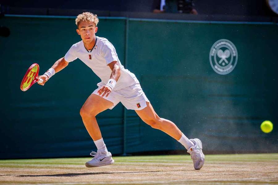 Jordan Lee competes during the boy’s singles final match against Cruz Hewitt at Wimbledon Jordan Lee competes during the boy’s singles final match against Cruz Hewitt at Wimbledon