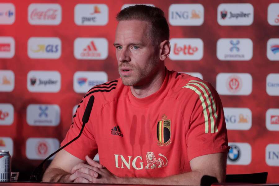 Matz Sels tijdens een persco in 2021