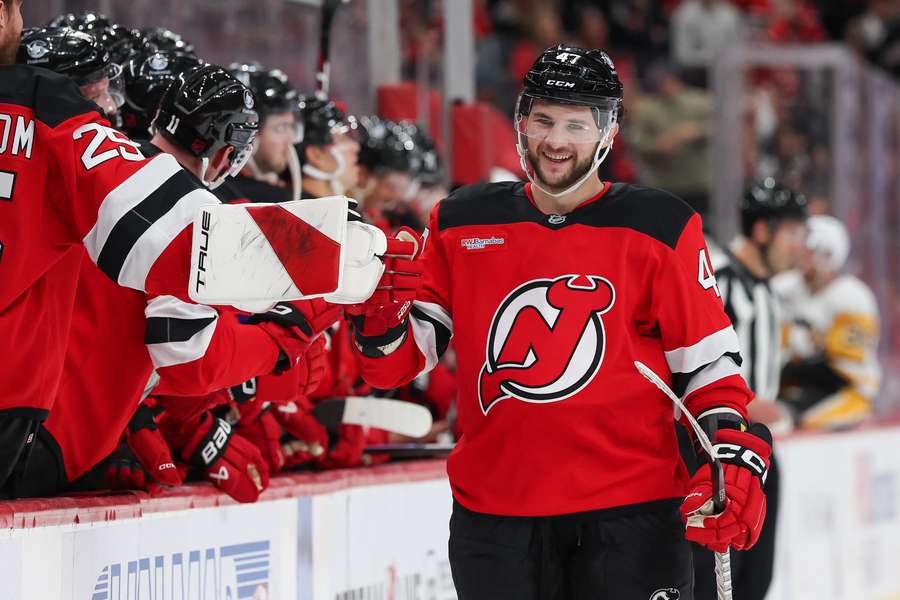 Devils' Paul Cotter celebrates after a goal (2025) Devils' Paul Cotter celebrates after a goal (2025)