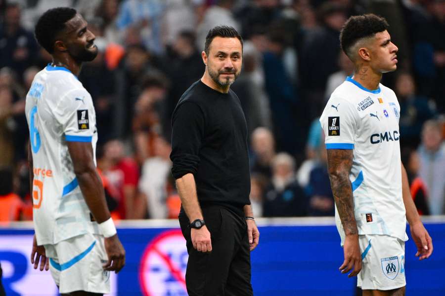 Marseille coach Roberto De Zerbi reacts at the end of his team's home loss to Auxerre