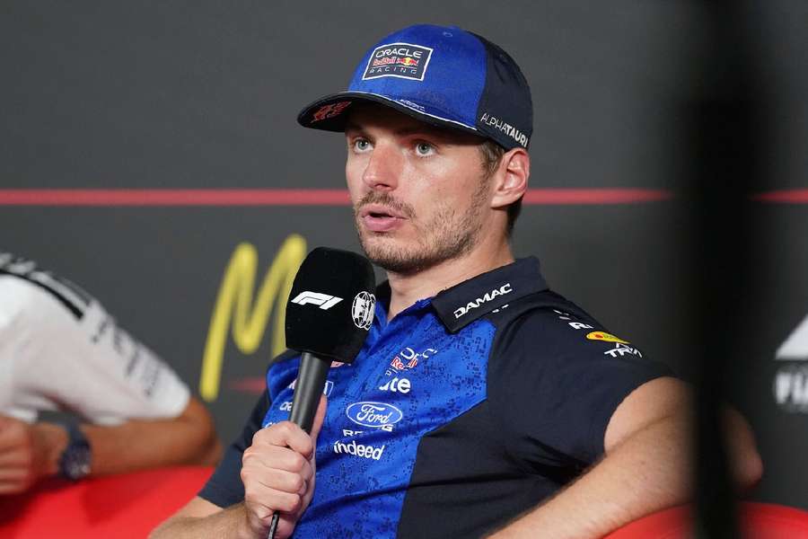 Verstappen speaking to the media after the race Verstappen speaking to the media after the race