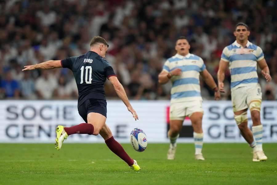George Ford kicking one of his three drop goals against Argentina 