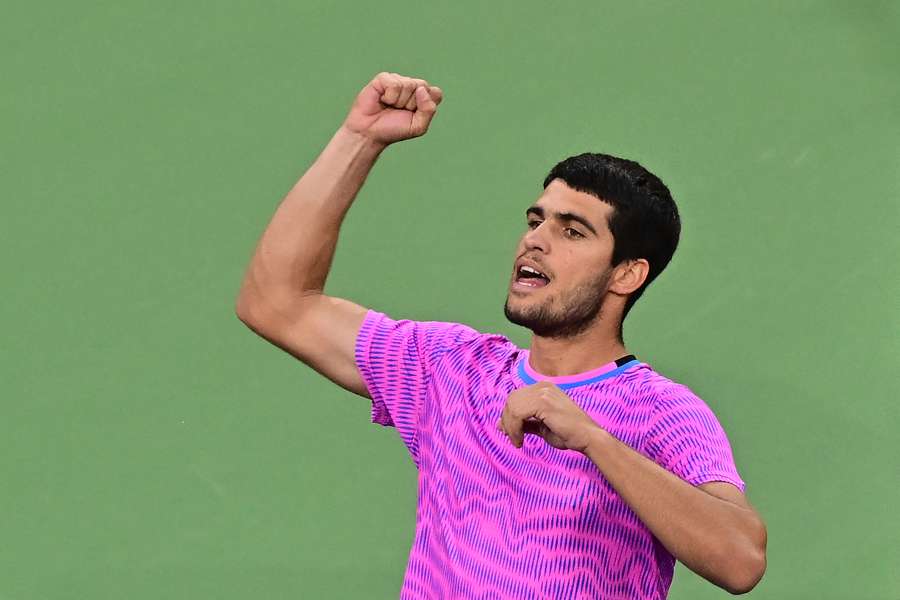 Spain's Carlos Alcaraz celebrates his semi-final victory over Italian Jannik Sinner at the ATP-WTA Indian Wells Masters