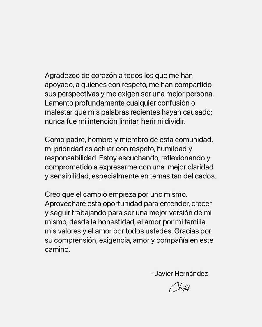 Nota de retratação de Chicharito Hernández Nota de retratação de Chicharito Hernández