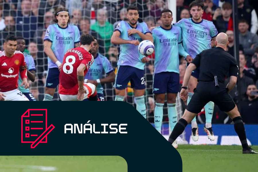 Bruno Fernandes, do Manchester United United, marca o primeiro golo contra o Arsenal, em Old Trafford, a 9 de março de 2025