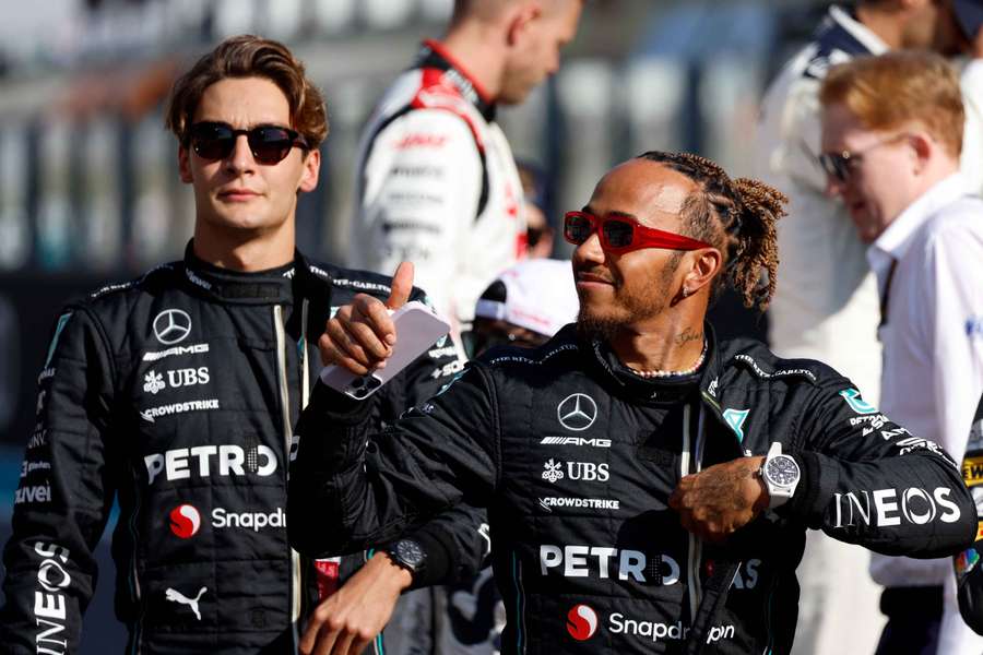 George Russell, left, and Lewis Hamilton in Qatar