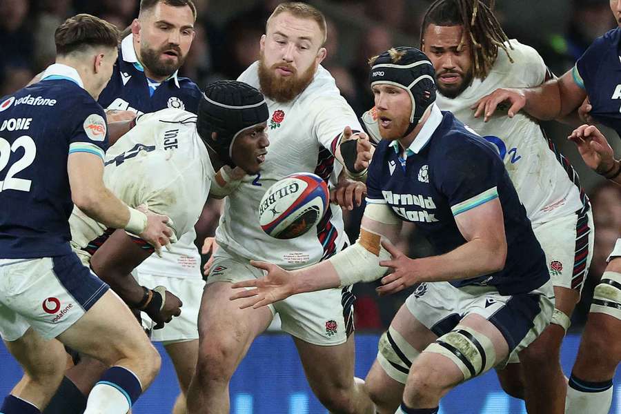 Gregor Brown passes the ball during Scotland's Six Nations clash with England