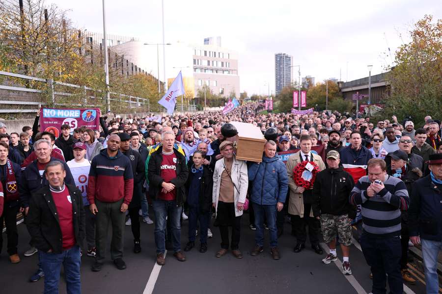Thousands of West Ham fans protested in Stratford ahead of their match against Burnley Thousands of West Ham fans protested in Stratford ahead of their match against Burnley