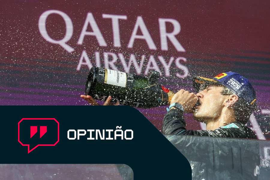 George Russell celebra no pódio