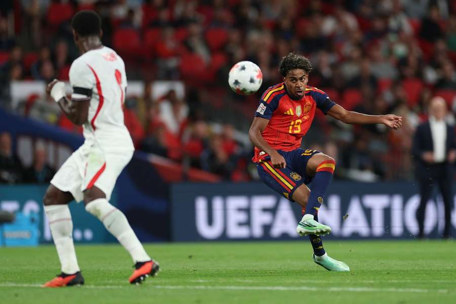 Spain's Lamine Yamal takes a shot against England Spain's Lamine Yamal takes a shot against England