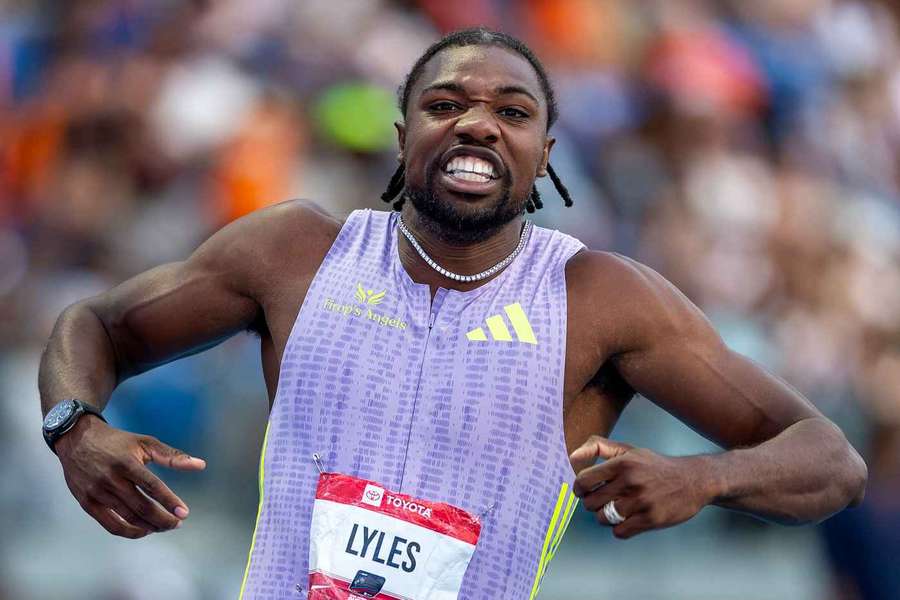 Noah Lyles reage após vencer a final masculina dos 100m nos Campeonatos dos EUA de Atletismo ao Ar Livre 2026 Noah Lyles reage após vencer a final masculina dos 100m nos Campeonatos dos EUA de Atletismo ao Ar Livre 2026