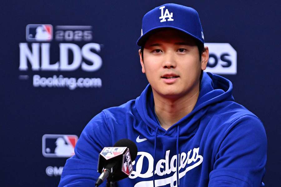Dodgers' Shohei Ohtani during press conference for the 2025 NLDS 