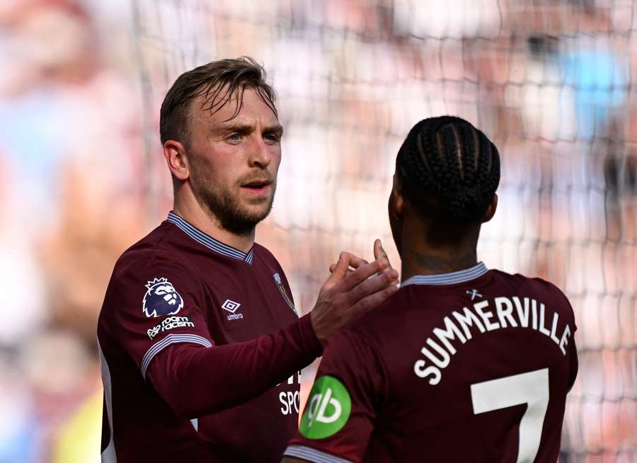 West Ham United's Jarrod Bowen celebrates scoring their second goal with Crysencio Summerville