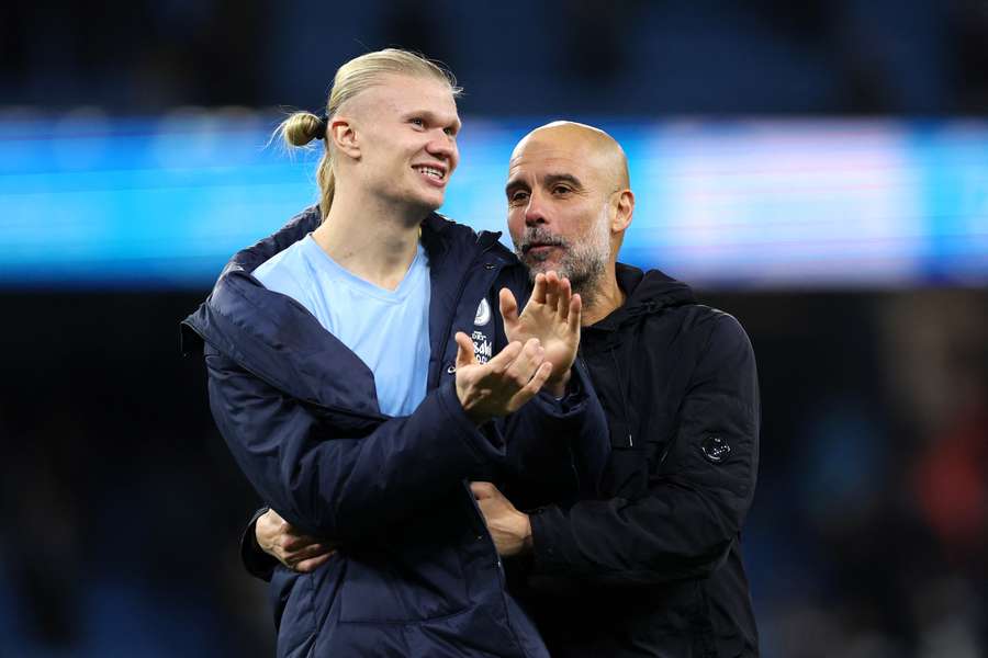Pep Guardiola et Erling Haaland après la victoire de Man City