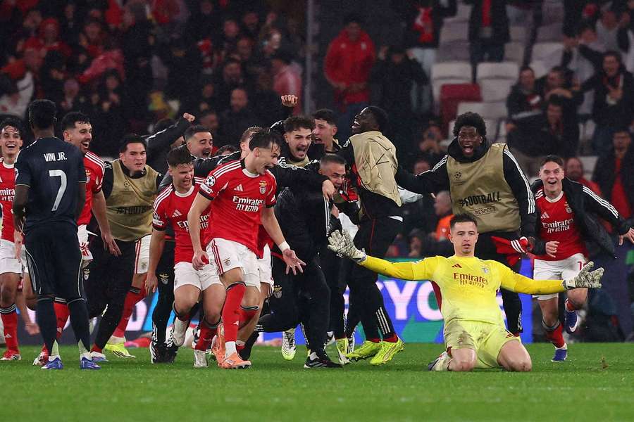 Anatoliy Trubin celebrates his last gasp goal for Benfica in the Champions League.