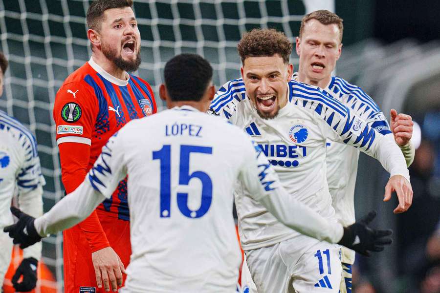 FC Copenhagens Jordan Larsson scores to make it 1-0 with FC Heidenheims Marnon-Thomas Busch frustrated