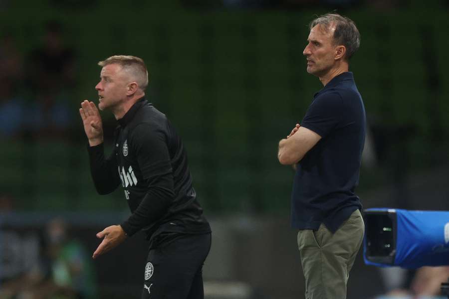 Aurelio Vidmar and Scott Jamieson watch on as Melbourne City defeat Macarthur FC