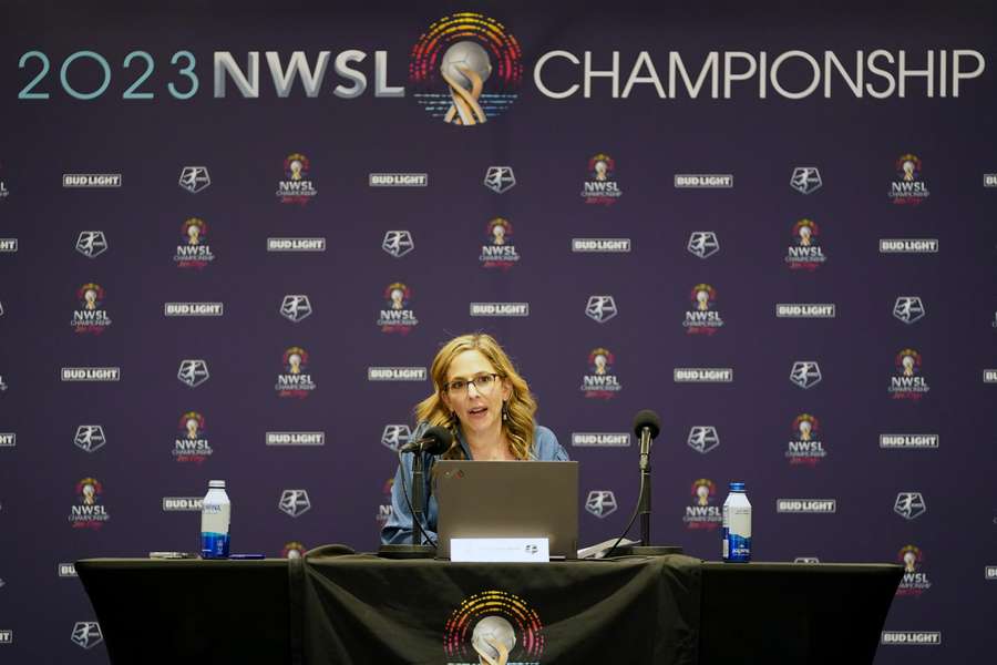 NWSL commissioner Jessica Berman speaks at a press conference at Snapdragon Stadium