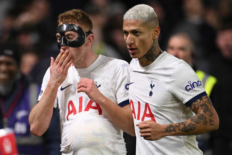 Tottenham Hotspur's Brazilian striker #09 Richarlison (L) celebrates Dejan Kulusevski