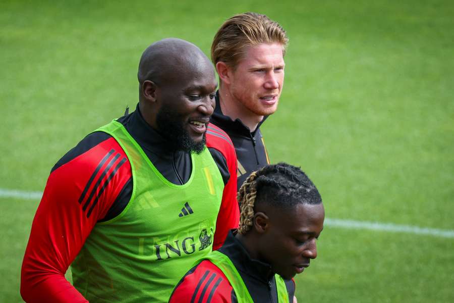 Belgium's Romelu Lukaku and Kevin De Bruyne take part in a training session