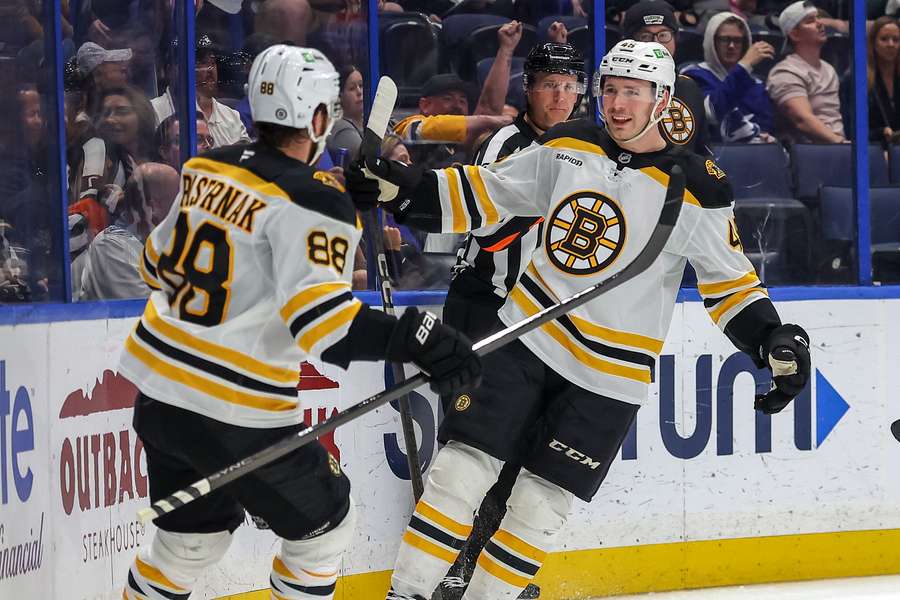 Pastrnak (left) in action for the Bruins