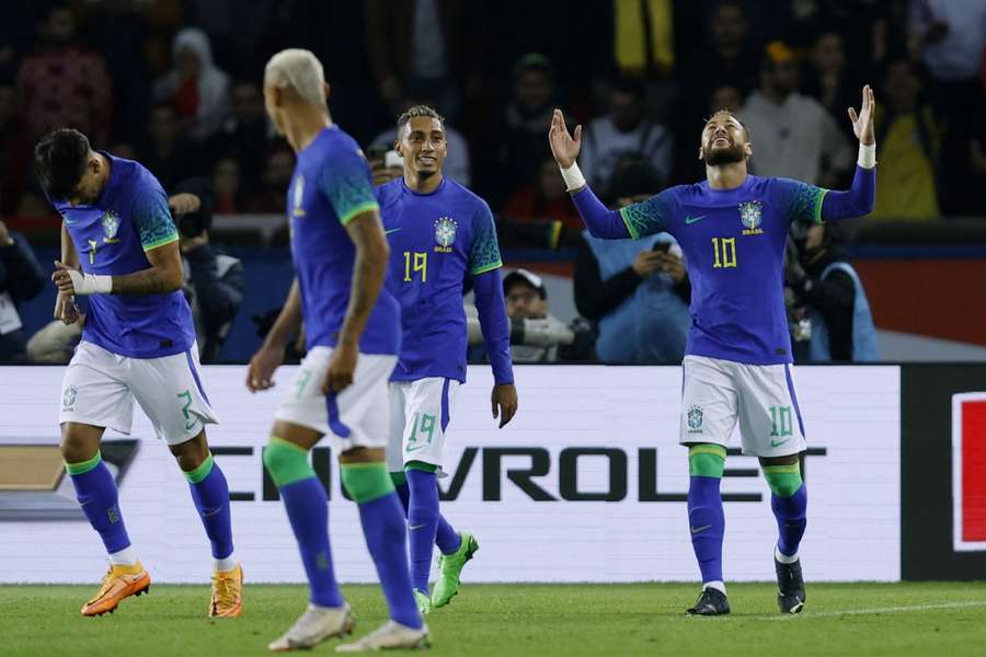Neymar and Raphinha (right and second from right) were on target for Brazil