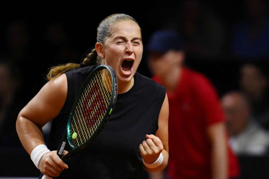 Jelena Ostapenko reacts during her win over Aryna Sabalenka