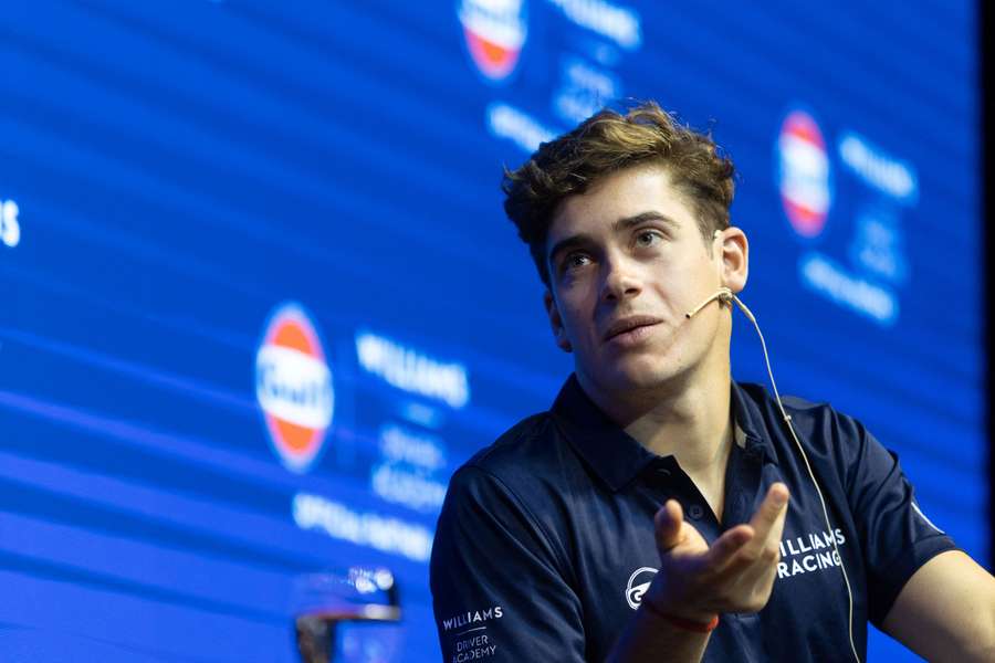 Argentine driver Franco Colapinto addresses the audience during an event with his sponsor Gulf, in Buenos Aires in August 2024