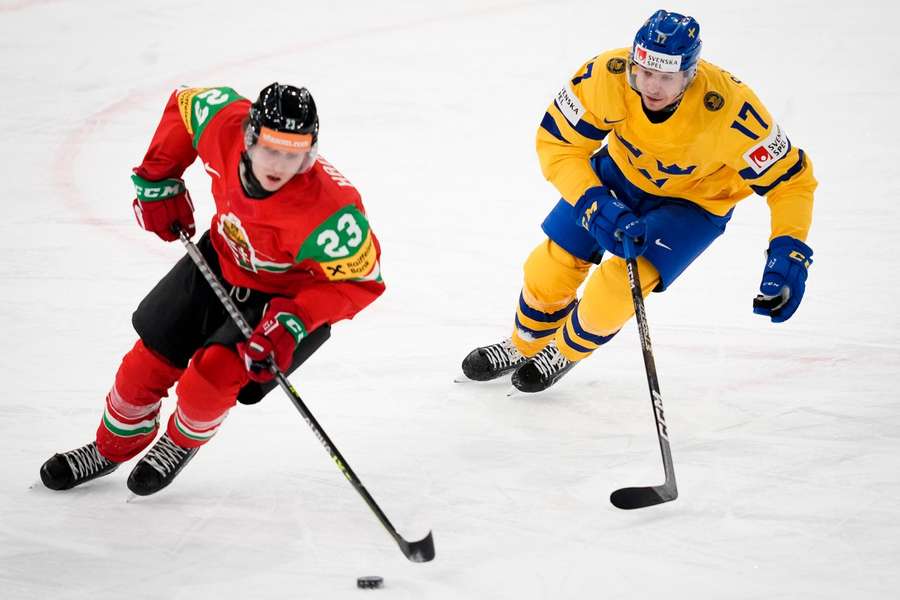 Players from Hungary and Sweden during their match at the World Championship on Thursday