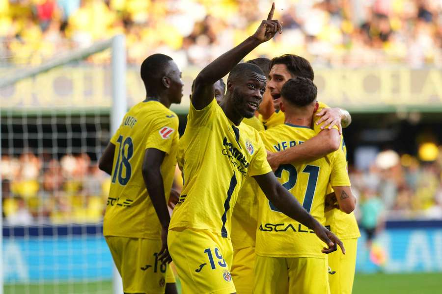 Nicolas Pepe of Villarreal celebrates scoring his team's first goal against Girona