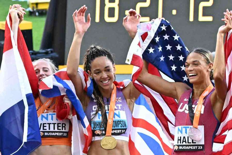 Katarina Johnson-Thompson celebrates winning heptathlon gold