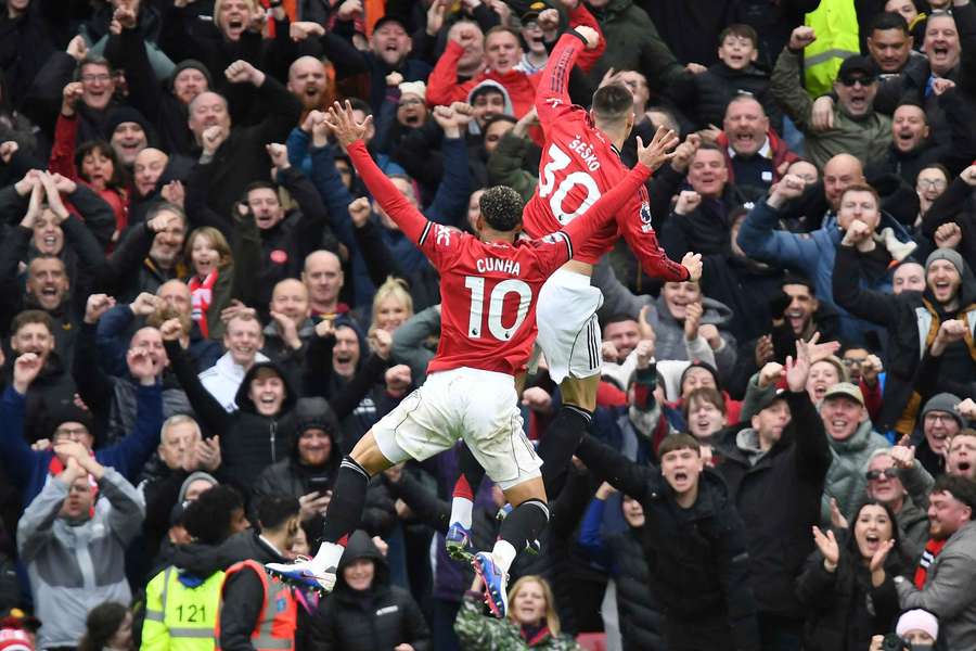 Manchester United's Benjamin Sesko celebrates scoring their third goal with Matheus Cunha Manchester United's Benjamin Sesko celebrates scoring their third goal with Matheus Cunha