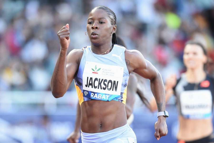 Shericka Jackson, hier in actie in Marokko, loopt in Jamaica de vijfde tijd ooit