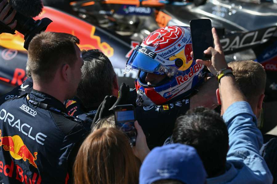 Max Verstappen celebrates after winning the Emilia Romagna Formula One Grand Prix on Sunday