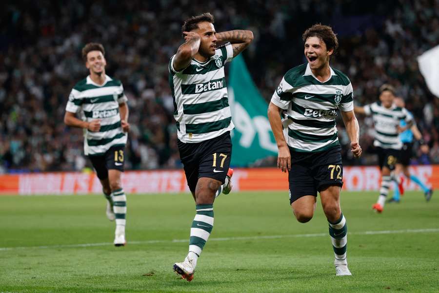 Sporting celebrate his third goal Sporting celebrate his third goal