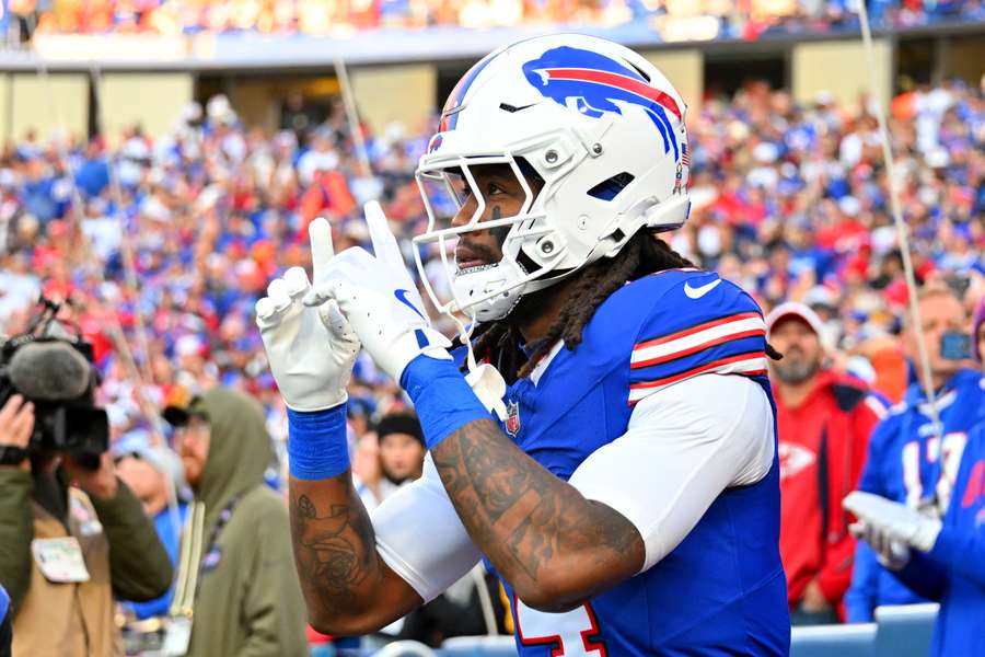 Buffalo Bills RB James Cook gestures before a game