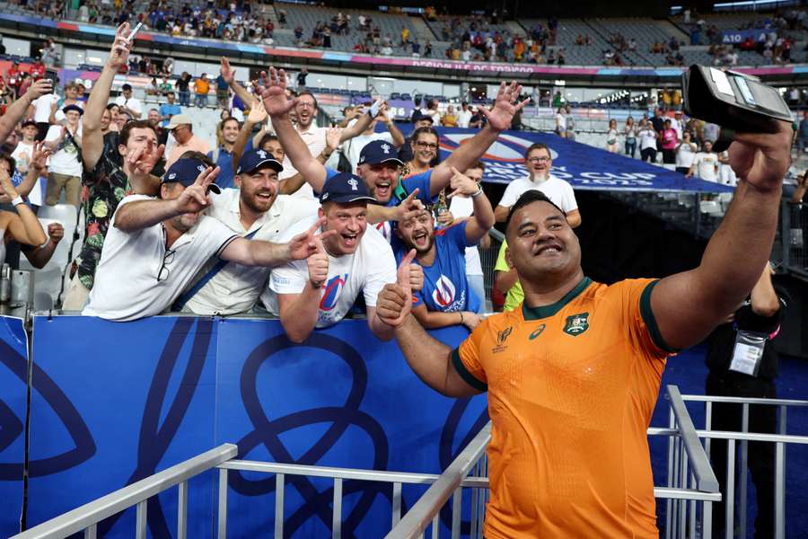 Australia's Taniela Tupou celebrates with fans after his side's win over Georgia last weekend