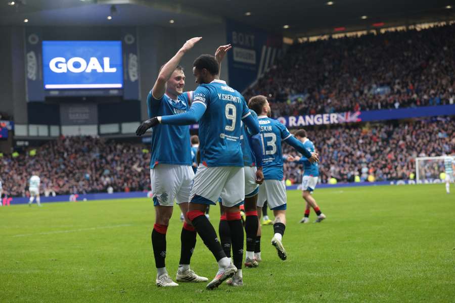 Youssef Chermiti of Rangers celebrates scoring his team's second goal during the William Hill Premiership match