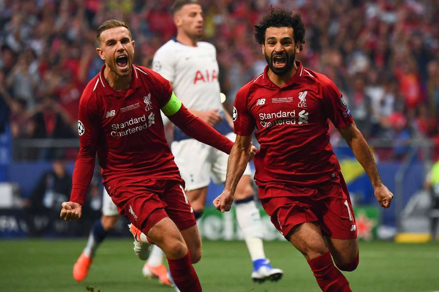Mohamed Salah, în dreapta, sărbătorind golul său din finala Ligii Campionilor 2019