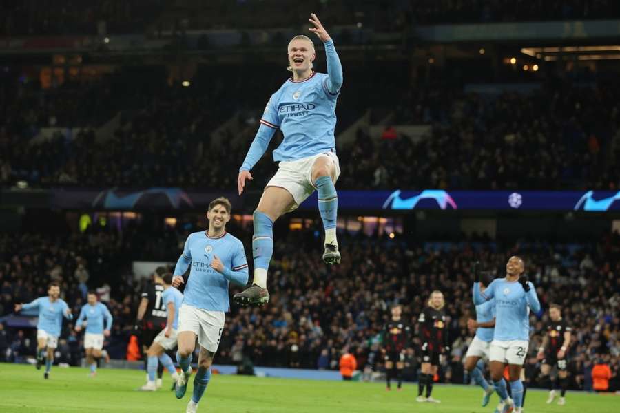 Erling Haaland celebrates scoring his fifth goal against RB Leipzig